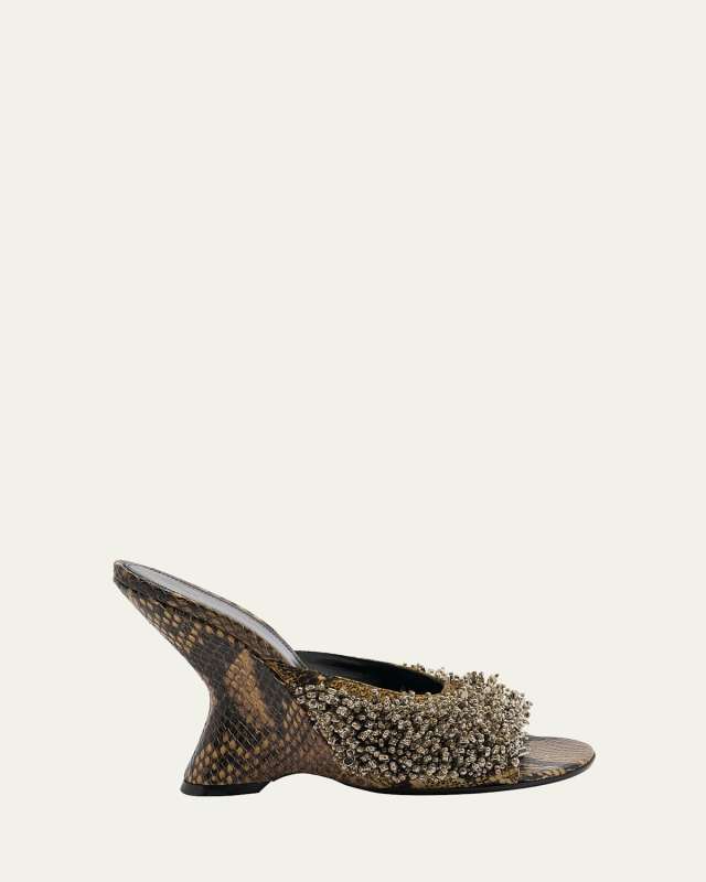 Embellished Snake-Print Wedge Sandals